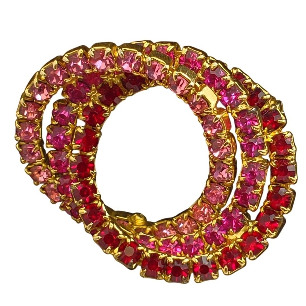 Vintage Brooch Pink Red Rhinestone Gold Tone Triple Swirl Pin Circle Infinity